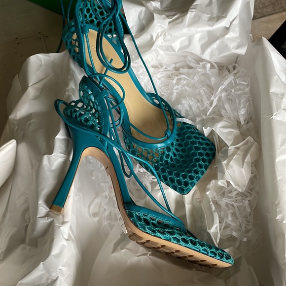 Bottega veneta stretch web sandal blaster teal blue stiletto mesh pump sz 38 - Picture 7 of 10